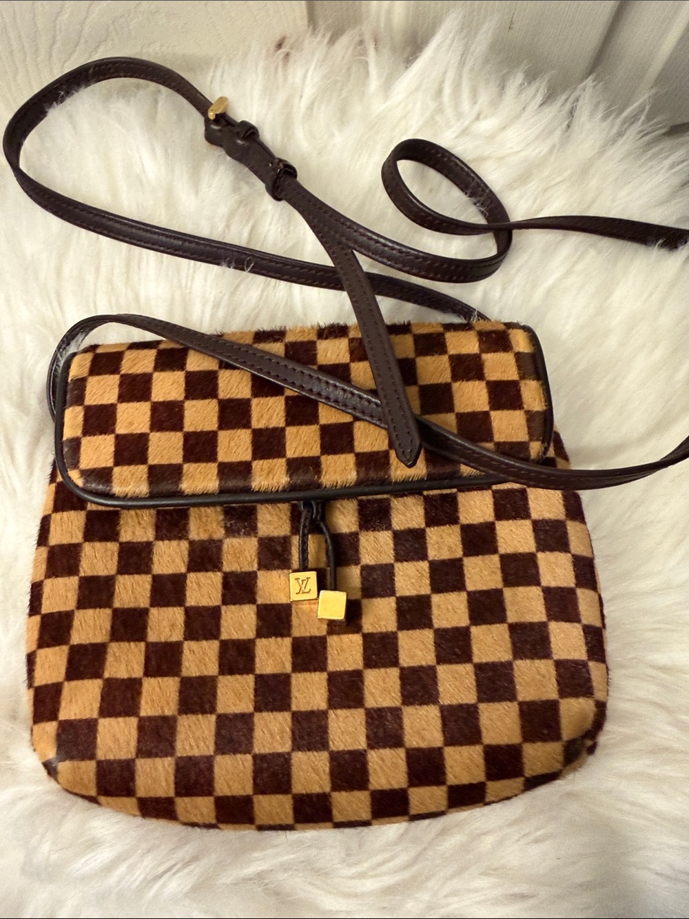 Louis Vuitton Brown Checkered Crossbody with Gold Accent